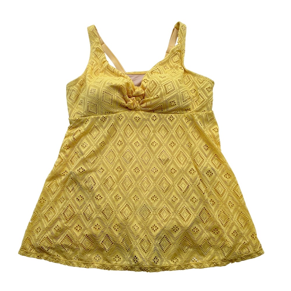 Catherines Swim Dress Womens 22W Yellow Crochet Lace Twist Front Boho Swimsuit